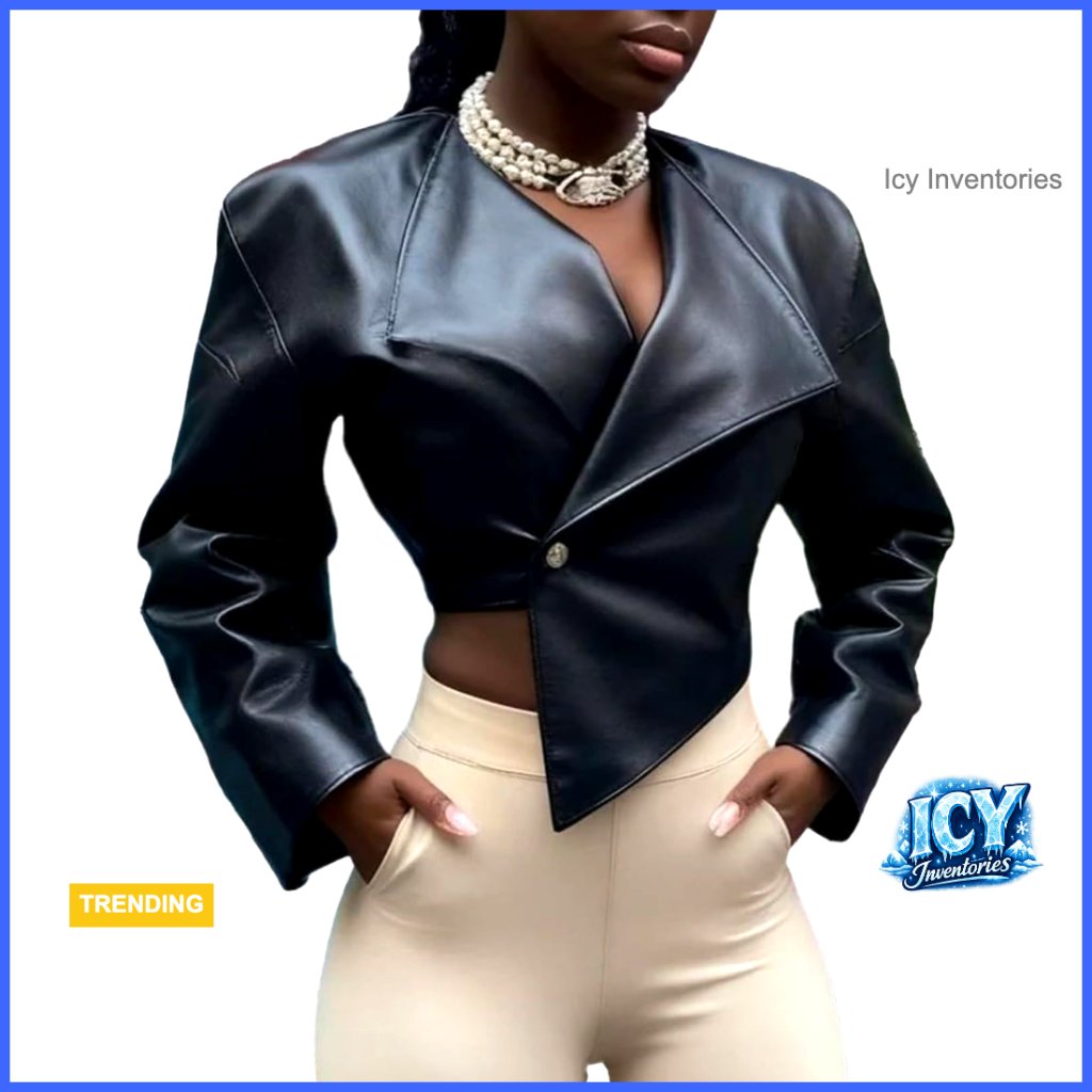 Faux Leather Cropped Bomber Jacket Women Long Sleeve Irregular Hem